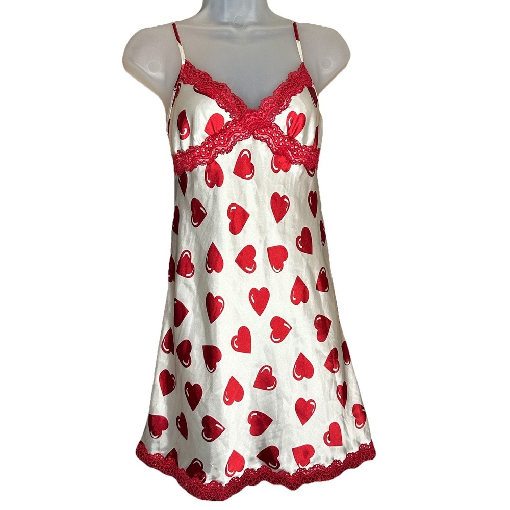 Vintage Jaclyn Smith Red Hearts Nightgown XS Lace Trim Satin Slip Dress Lingerie - Picture 2 of 15